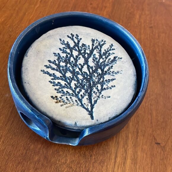 Handmade Porcelain Leaf Imprint Coaster Set - Picture 1 of 11